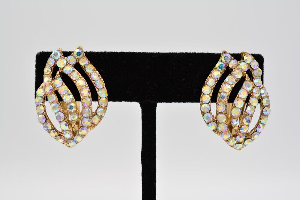 Vintage Crystal Clip On Earrings Aurora Borealis Shiny Rhinestone Gold 90s BinAF